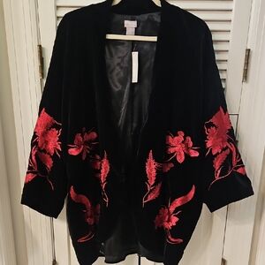 Chico's Black Kimono with Red Floral Design